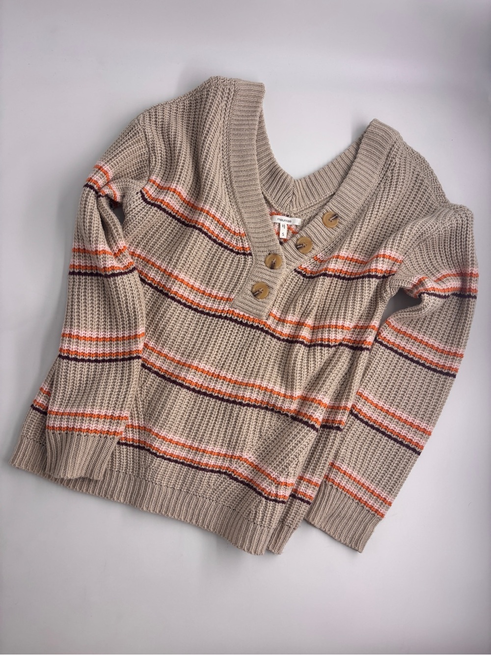Beige Striped V-Neck Button Sweater